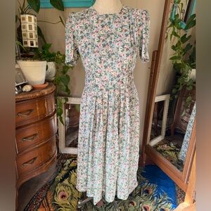 Vintage 80's Karin Stevens Dress 12P Multi Color Midi Floral Cottagecore Retro